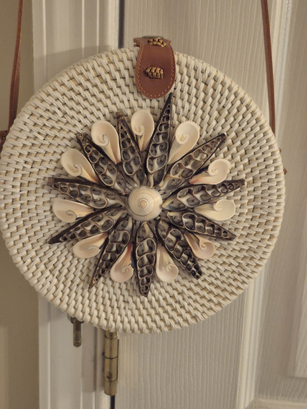 Seashell Embellished Round Crossbody Bag in White and Tan